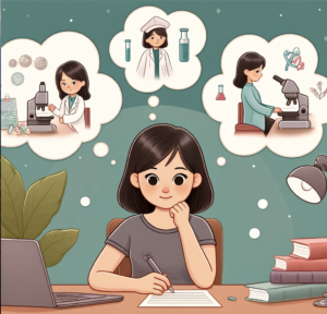 Cartoon of a young Asian female medical school applicant seated at a desk, pondering her AMCAS personal statement. Above her, thought bubbles depict her various experiences: conducting research in a lab, assisting in a clinical environment, and experiencing personal growth while reading under a tree. The scene conveys her contemplation on how these experiences answer the 'why medicine?' question for her application